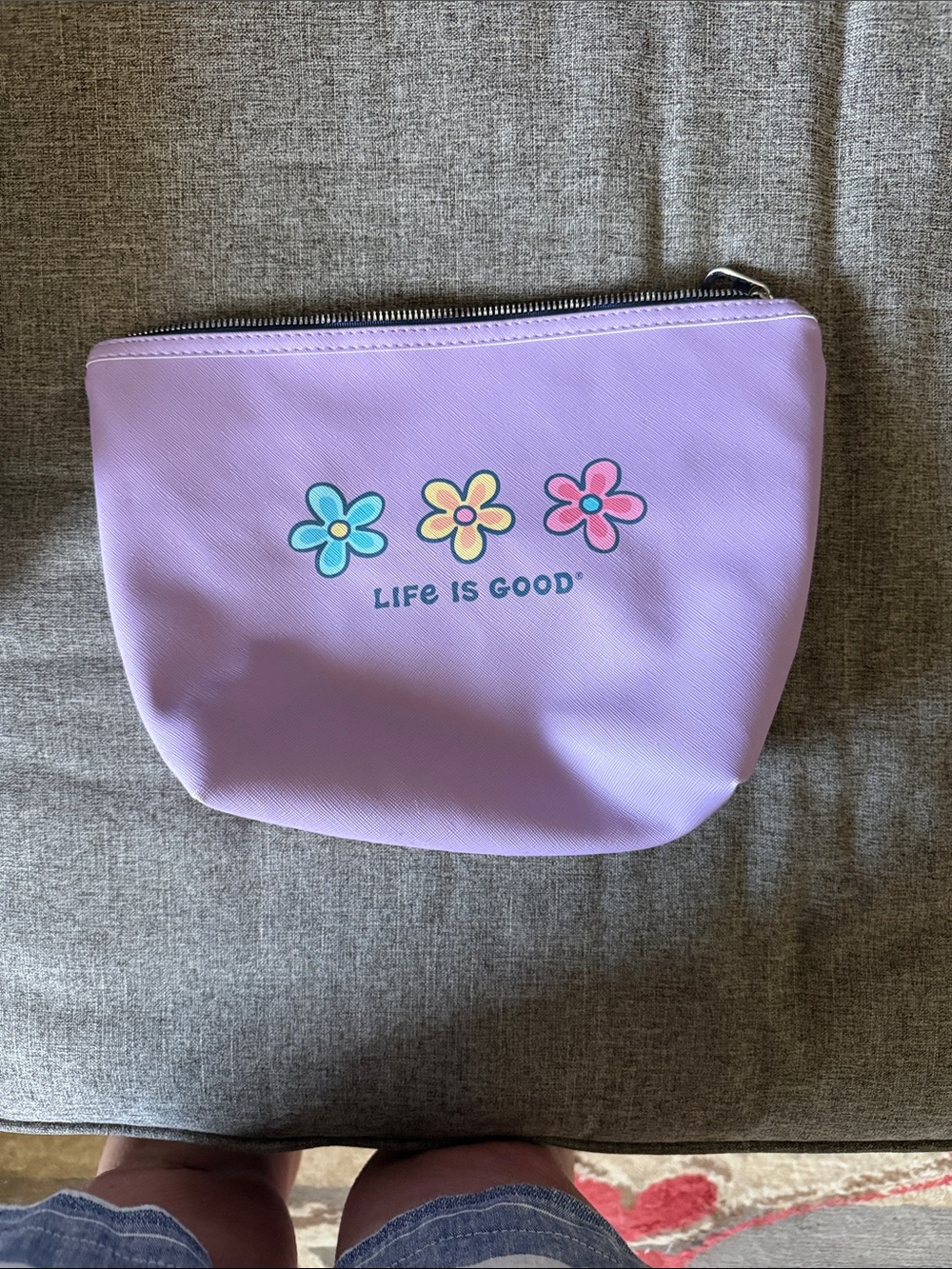Life Is Good Lavender Cosmetic Bag with Blue, Yellow, and Pink Flower Accents